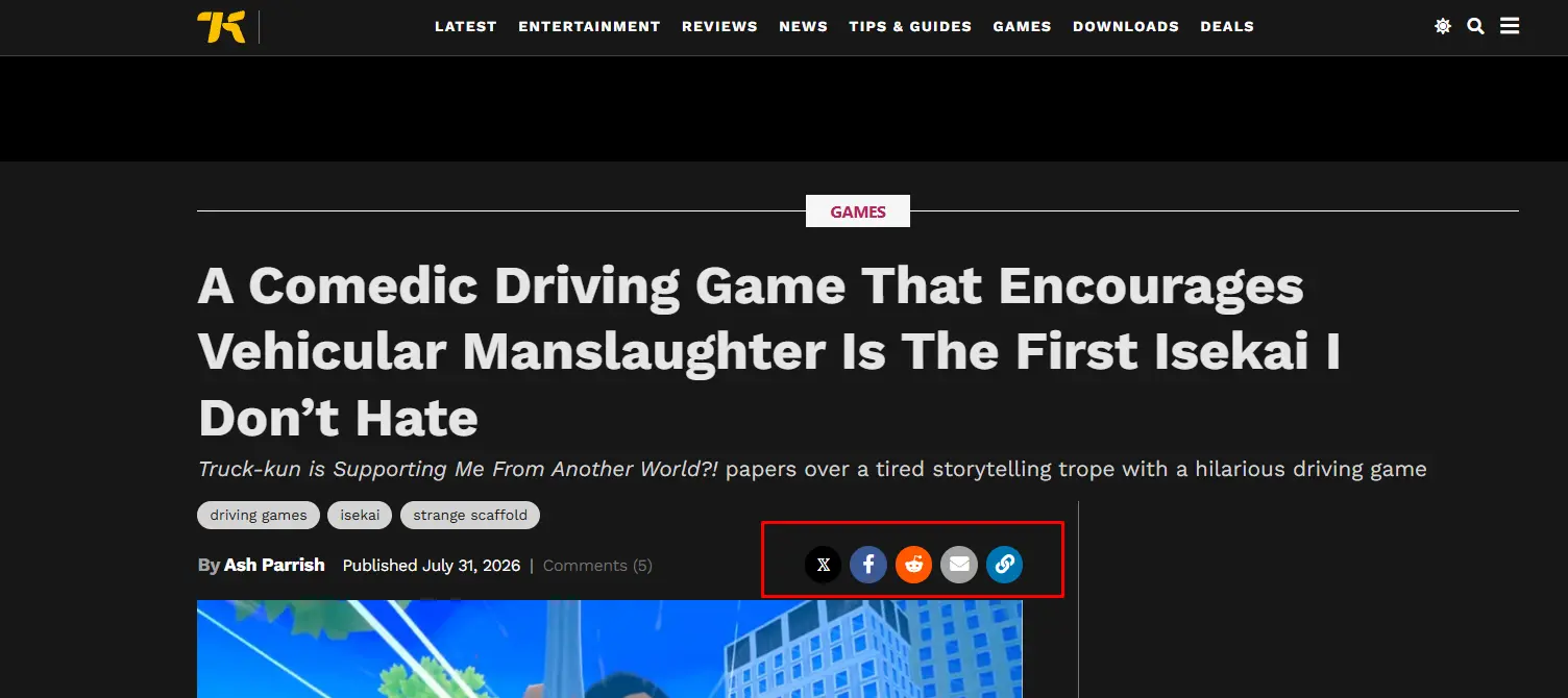 Webpage view of Kotaku article with social media share buttons.
