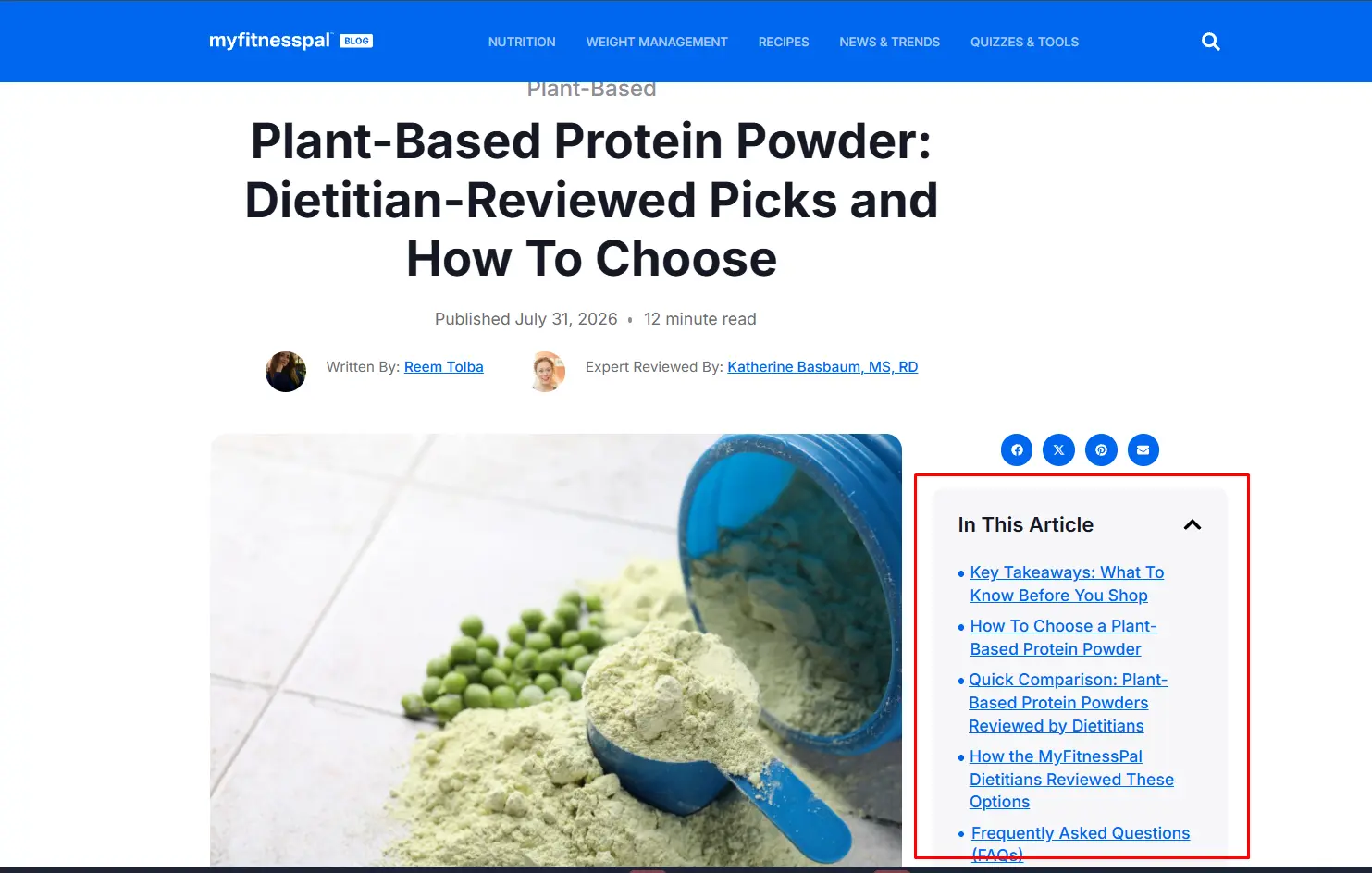 Screen capture of MyFitnessPal blog with a table of contents beside the article.
