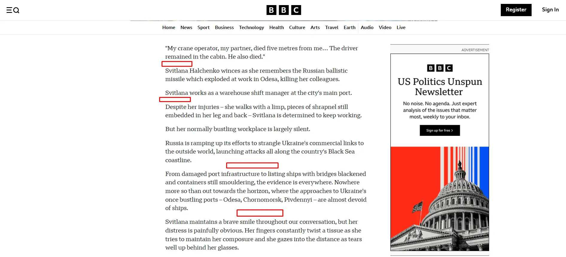 Screenshot of BBC article with wide spaces between paragraphs.