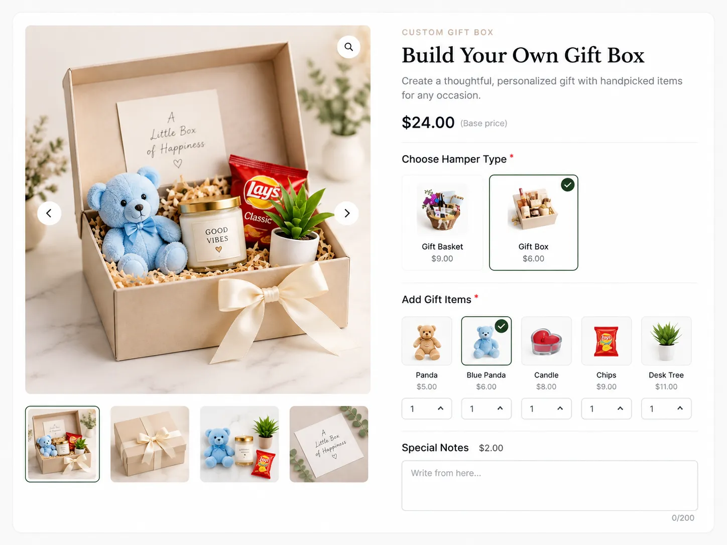 Banner image showing custom gift box options