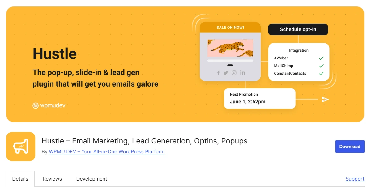 Hustle WordPress plugin page showing pop-up, slide-in, and lead generation tools with MailChimp, AWeber, and Constant Contacts integrations.