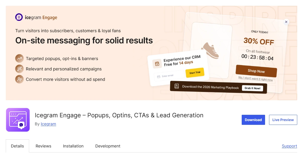 Icegram Engage WordPress plugin page showcasing targeted popups, opt-ins, banners, and on-site messaging for lead generation without ad spend.
