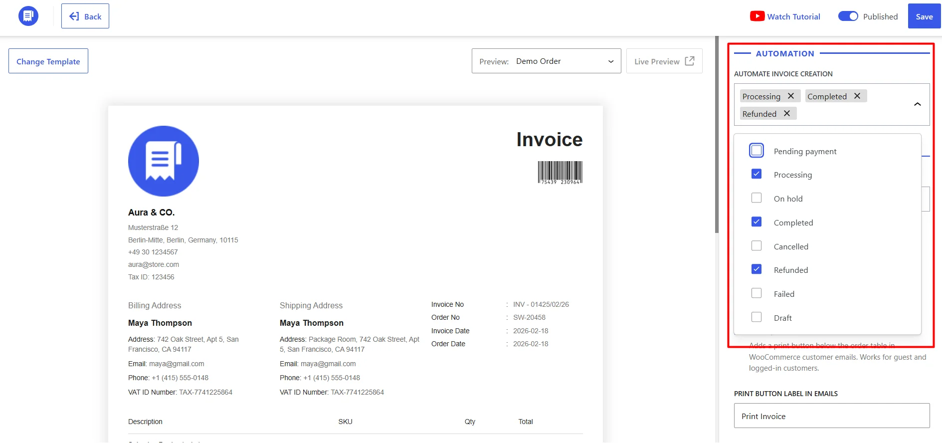 WowInvoice order status settings for automatic invoice creation