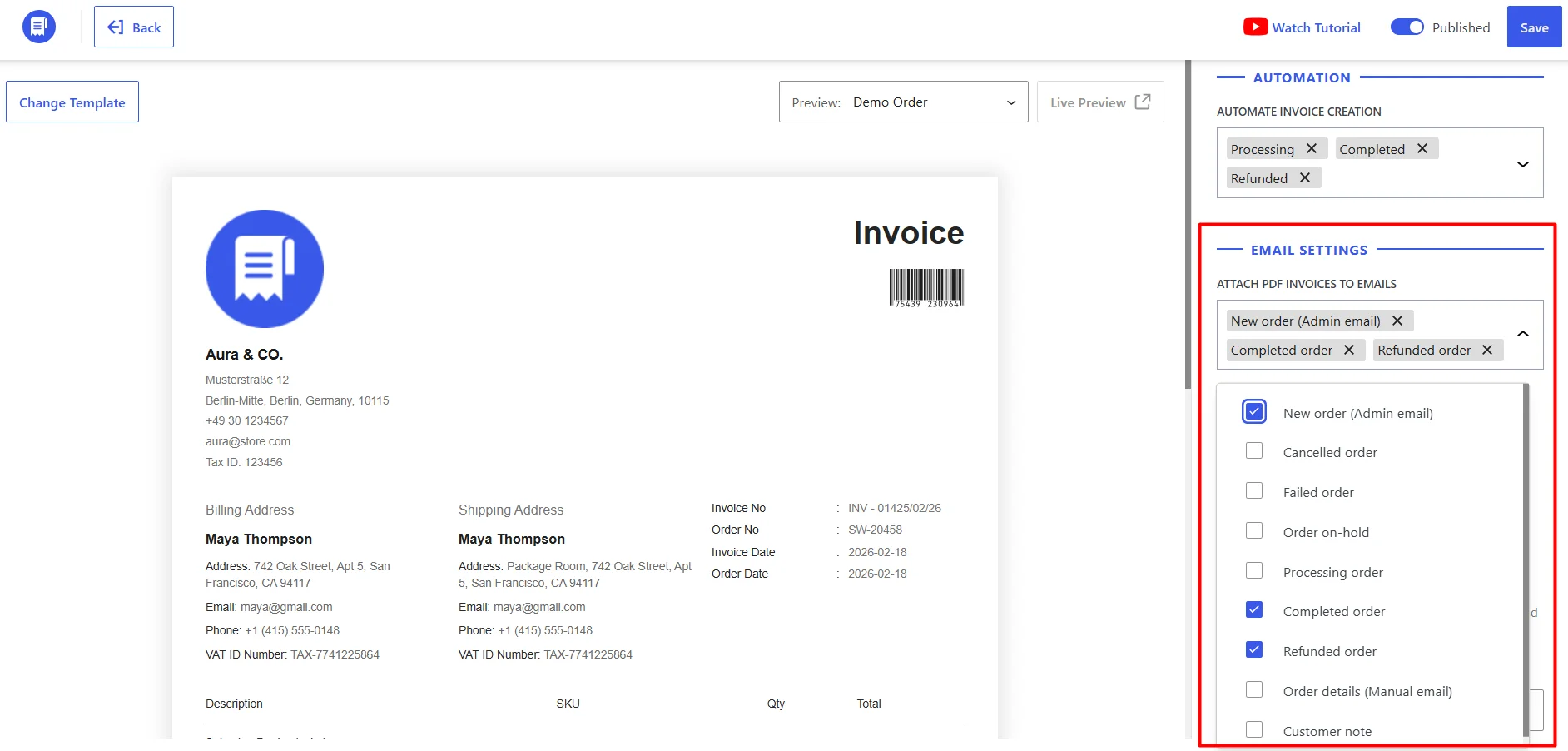 - WowInvoice settings for attaching PDF invoices to WooCommerce emails