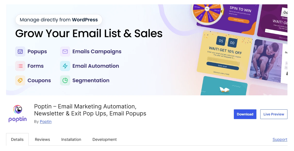 Poptin WordPress plugin listing highlighting email marketing automation, popups, forms, coupons, and audience segmentation features.