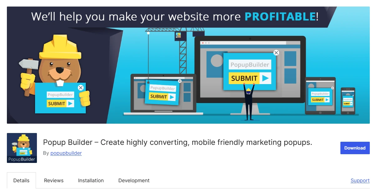 Popup Builder WordPress plugin listing with beaver mascot, cross-device popup preview, and the tagline promising more profitable websites.