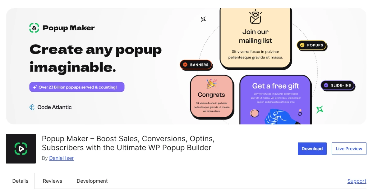 Popup Maker WordPress plugin listing on the WordPress.org plugin directory, showing banner, popup, and slide-in format examples.