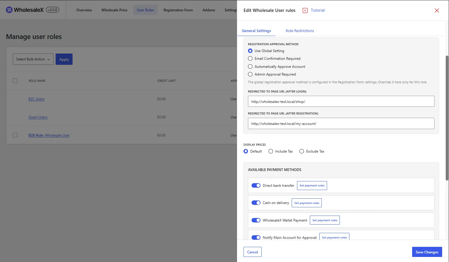 WholesaleX plugin dashboard displaying the Edit Wholesale User rules settings modal over the Manage User Roles table.