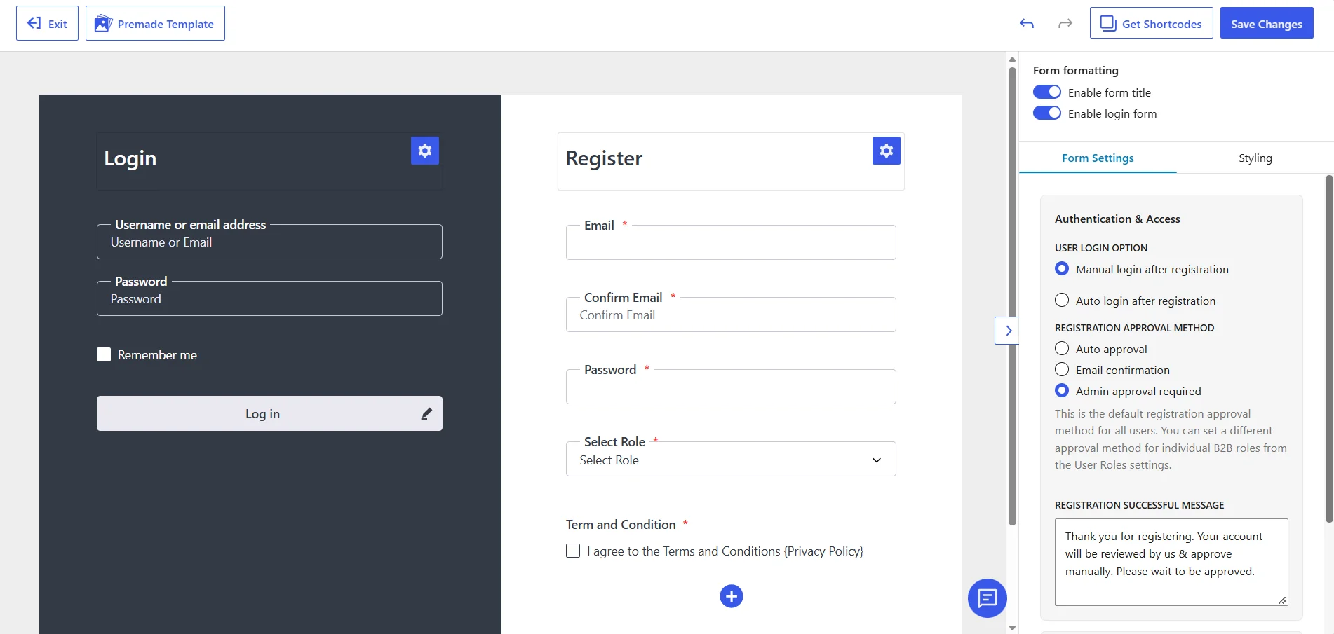 Wholesalex registration Form builder dashboard showing a split Login and Register interface layout alongside registration approval settings sidebar options.
