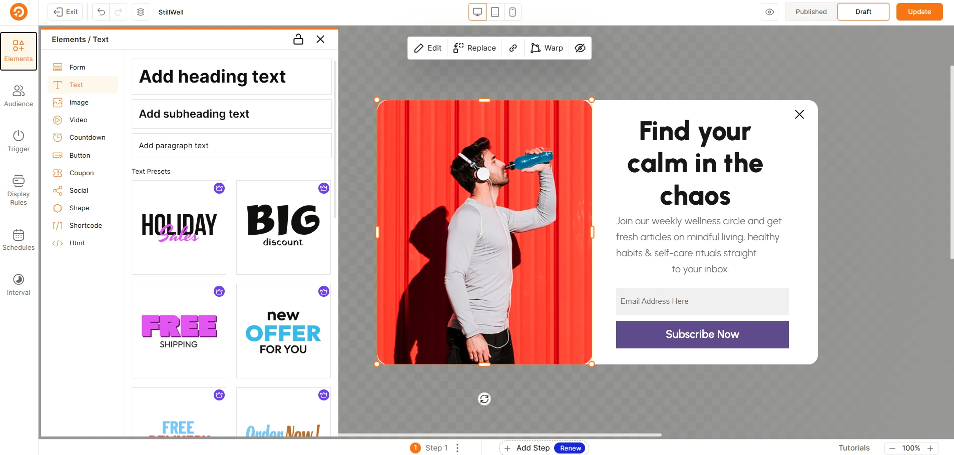 WowOptin visual editor open on a wellness newsletter signup popup with headline, email field, and subscribe button