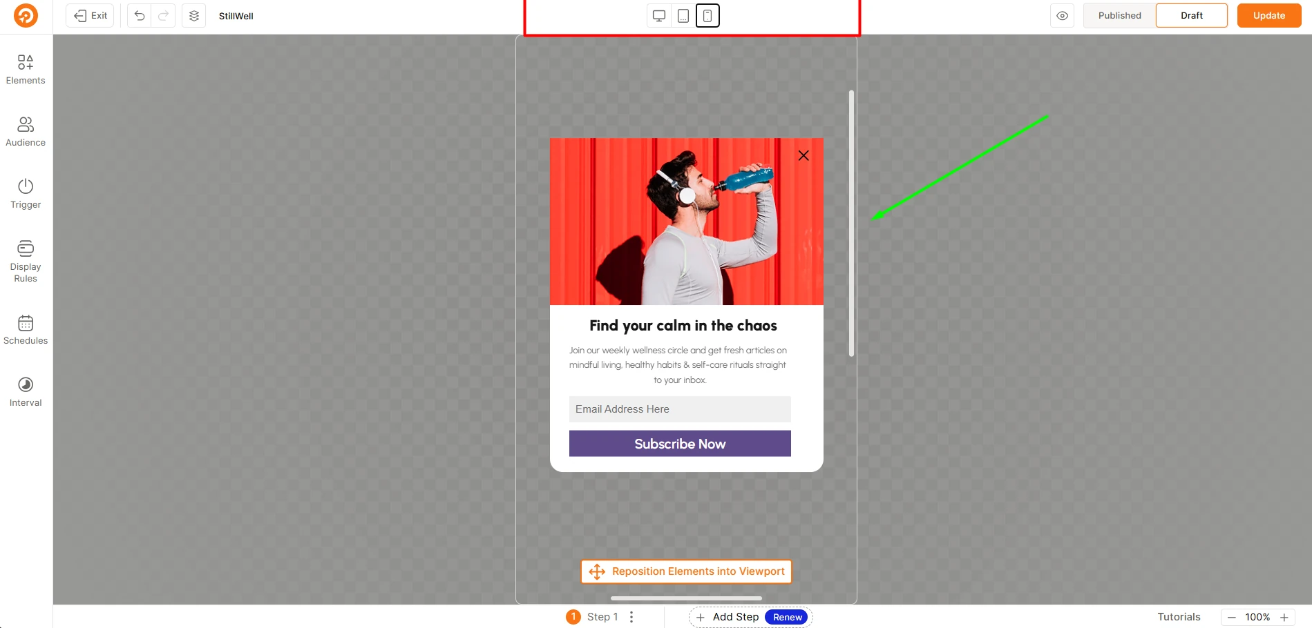 WowOptin builder in mobile view mode, previewing a responsive newsletter popup with "Find your calm in the chaos" headline