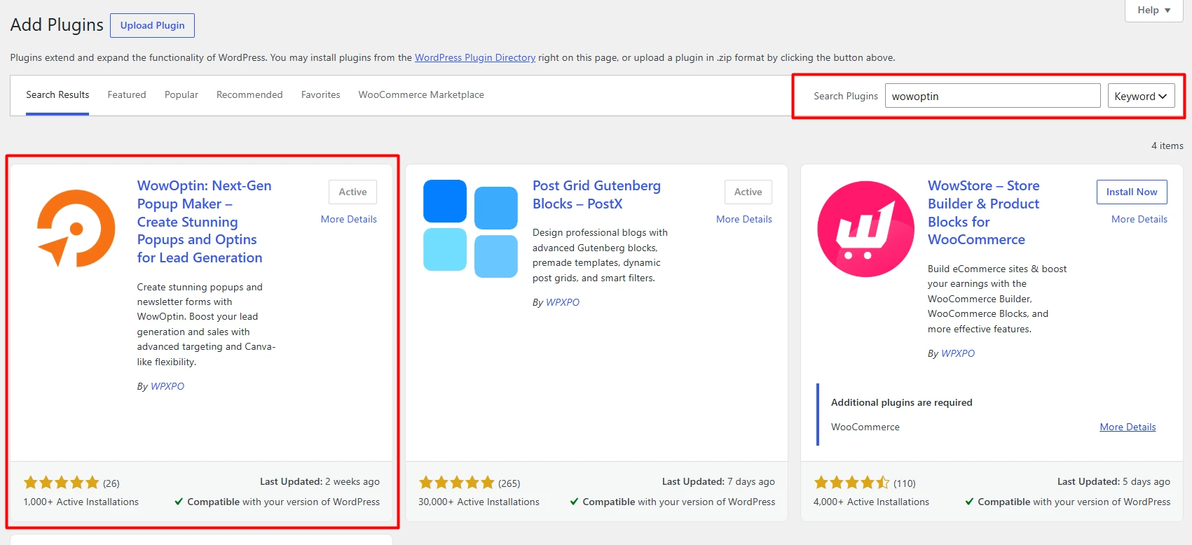 WordPress admin showing the WowOptin plugin in the Add Plugins search results, already installed and active