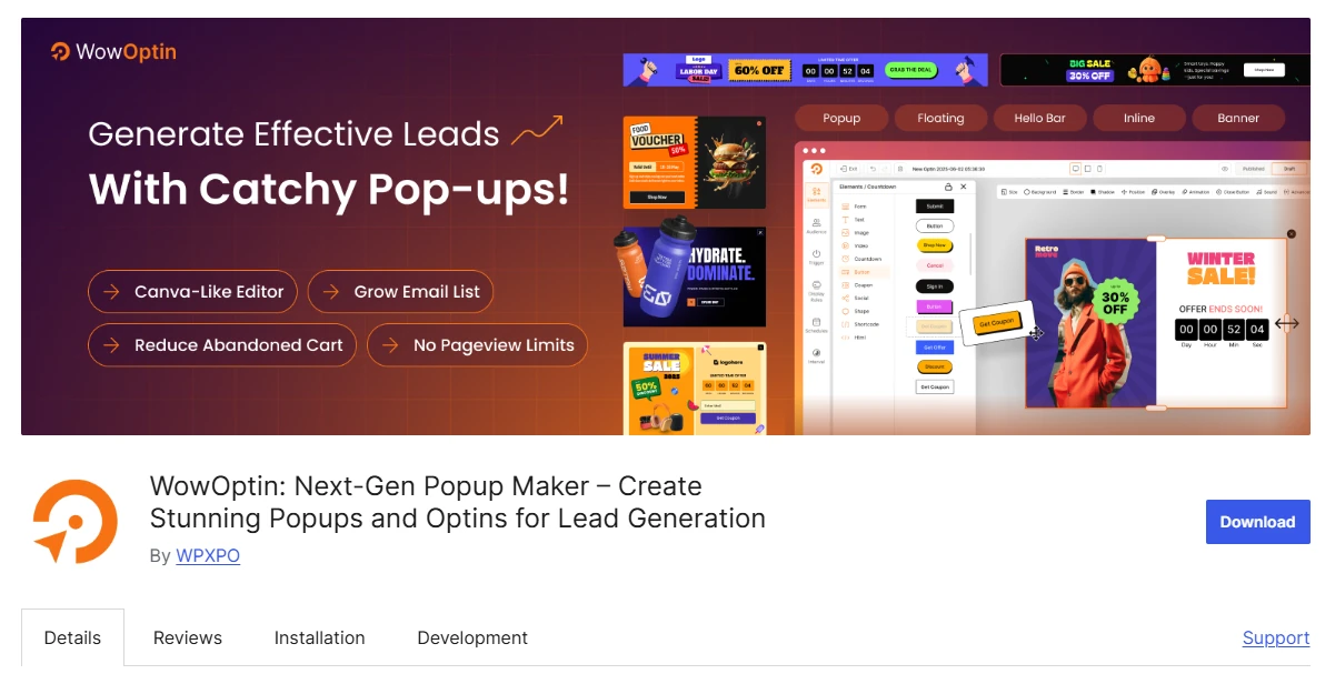 WowOptin WordPress plugin page showing its Canva-like editor, lead generation features, and support for popup, floating, hello bar, inline, and banner formats.