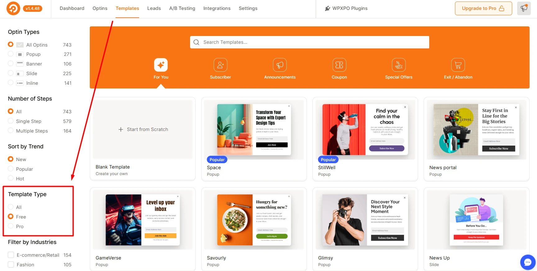 WowOptin template library with the Template Type filter set to Free, displaying a grid of popup and slide templates