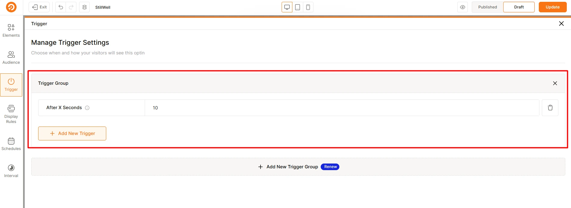 WowOptin trigger settings showing a time-based "After X Seconds" delay set to 10 seconds
