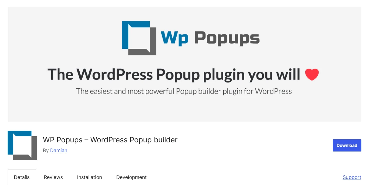 WP Popups WordPress plugin page describing itself as the easiest and most powerful popup builder plugin for WordPress.