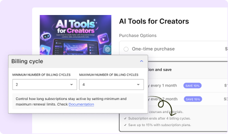Interface popup showing subscription billing cycle settings with minimum set to 2 and maximum set to 4 cycles, alongside product purchase options.