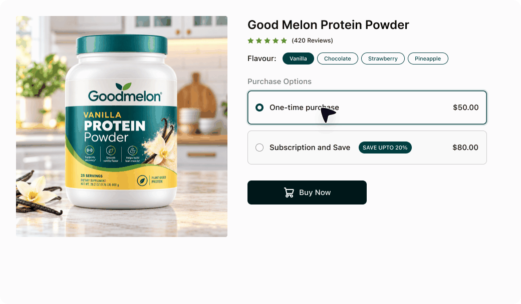 WooCommerce product page showing Buy Once or Subscribe purchase options for Good Melon Protein Powder
