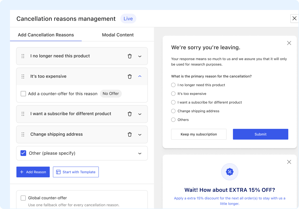 Backend dashboard for setting up custom cancellation reasons and triggering dynamic counter-offers for WooCommerce subscriptions.