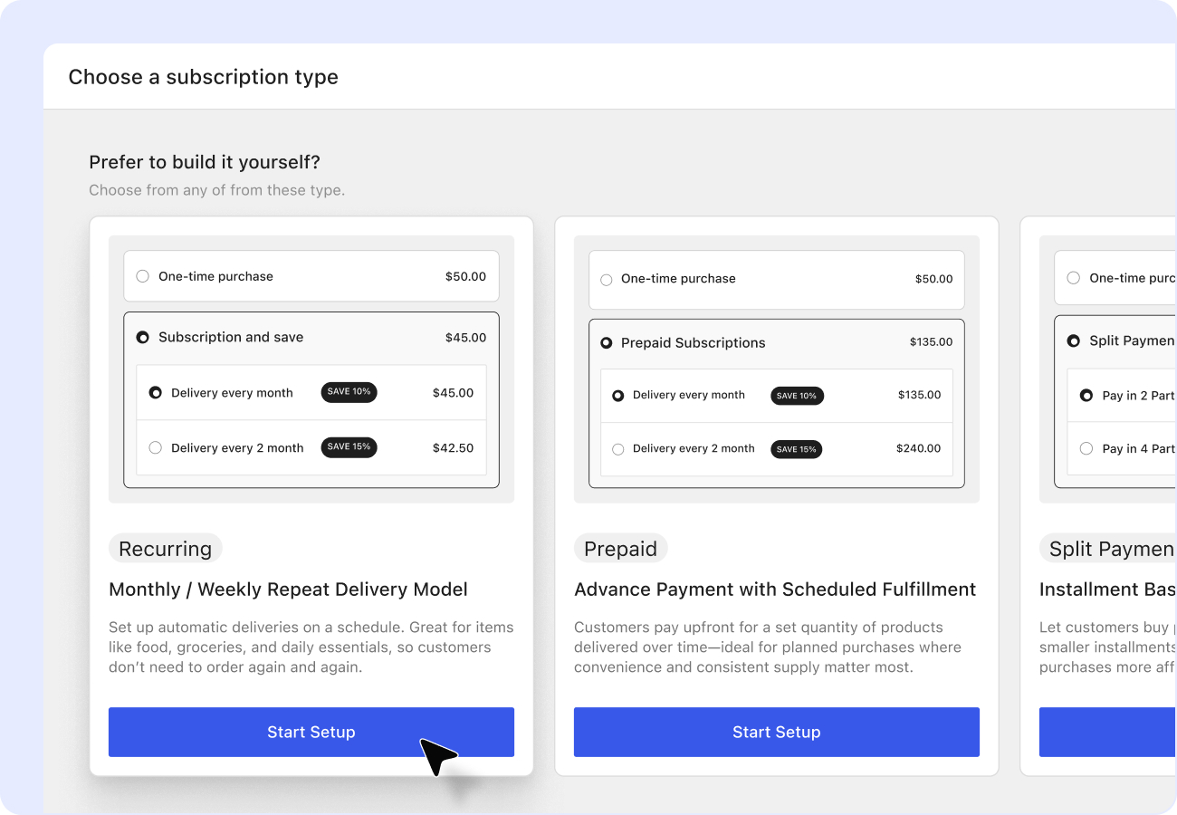Dashboard preview showing subscription model options including Recurring, Prepaid, and Split Payment for WooCommerce.