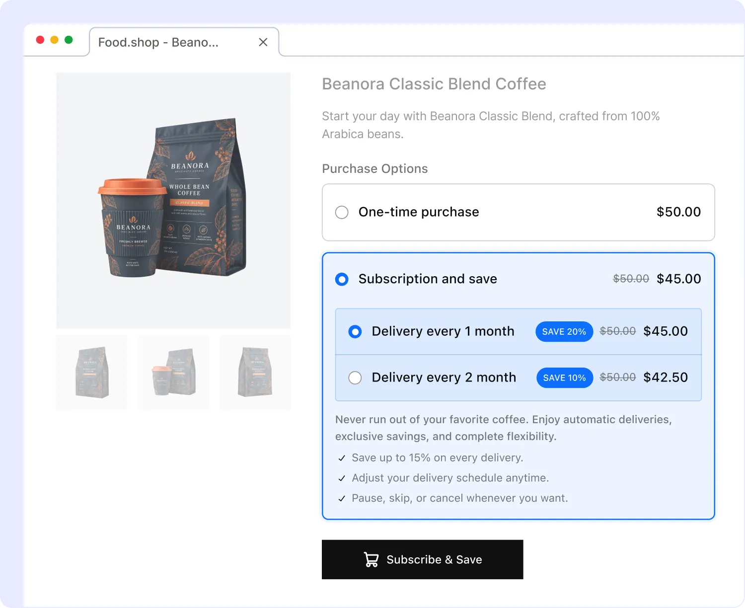 Product page for Beanora Classic Blend Coffee featuring purchase options for a one-time purchase at $50.00 or subscription deliveries every 1 or 2 months with up to 20% savings.