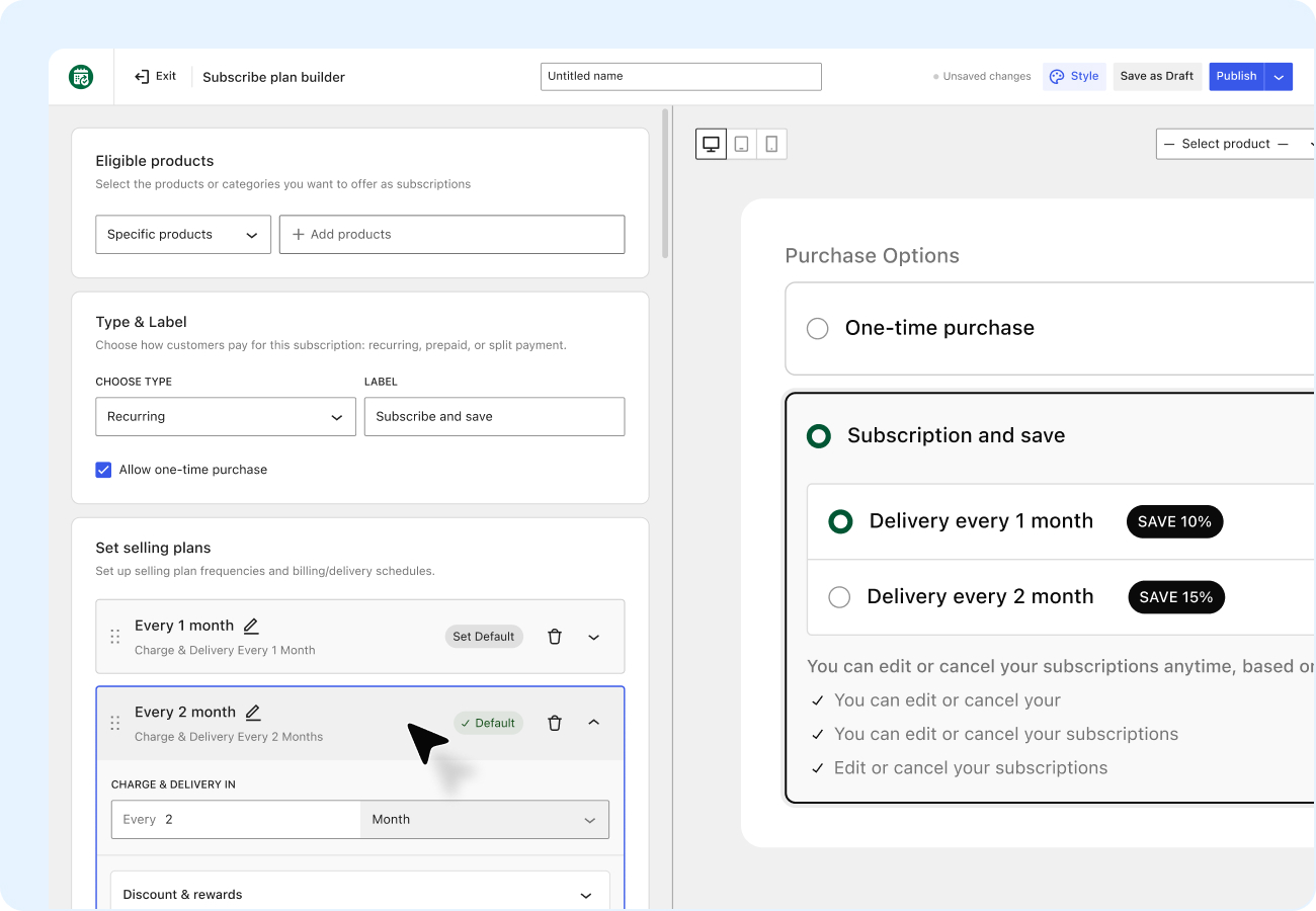 Subscription plan builder backend interface showing discount settings, delivery frequency options, and real-time product preview.