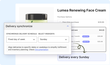 UI settings modal for delivery synchronization showing options to select a fixed day of the week, set to Sunday, on a product purchase page for Lumea Renewing Face Cream.