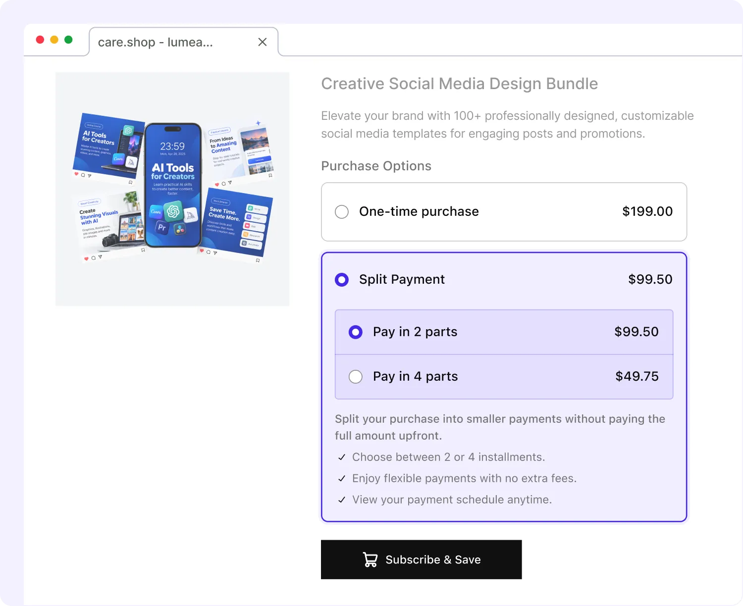 Product page for Creative Social Media Design Bundle showing purchase options for a one-time purchase at $199.00 or split payments in 2 or 4 installments starting at $49.75.