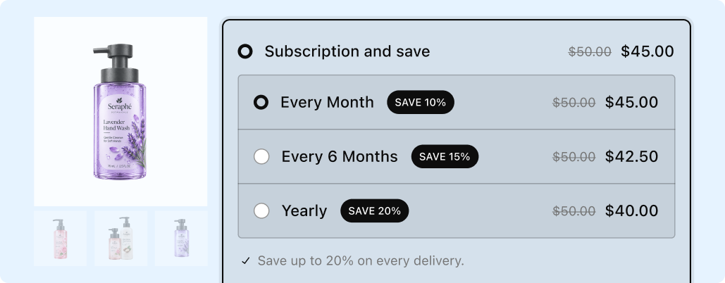 Subscription purchase options section for Seraphé Lavender Hand Wash offering Every Month with 10% savings, Every 6 Months with 15% savings, and Yearly with 20% savings.