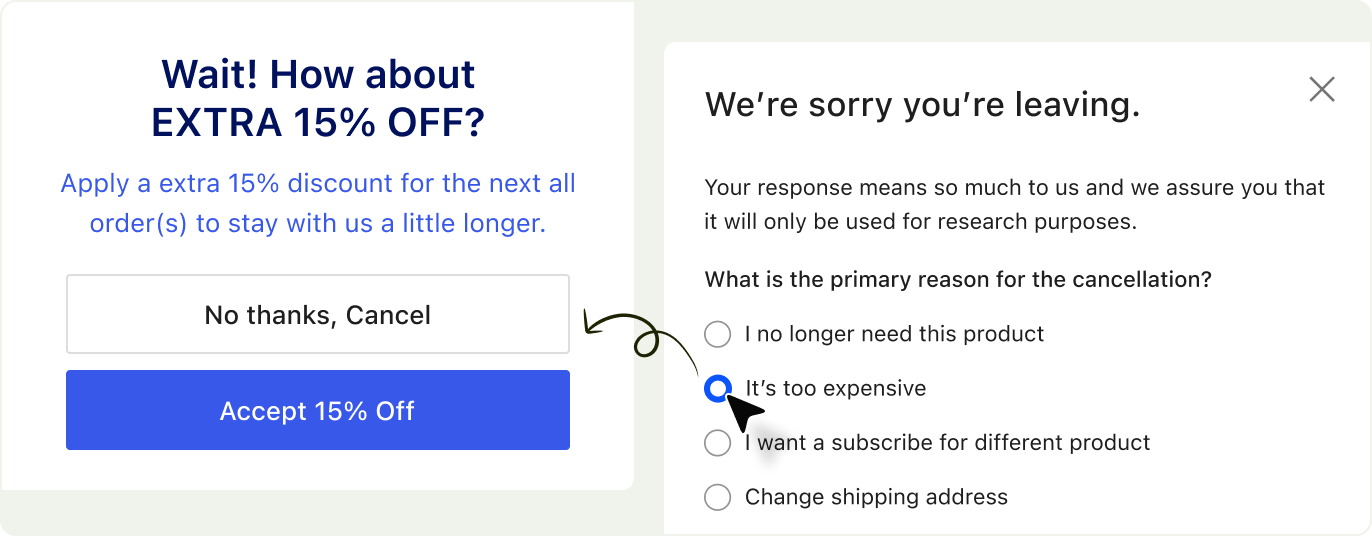 Subscription cancellation survey offering an extra 15% discount counter-offer to retain price-sensitive subscribers.