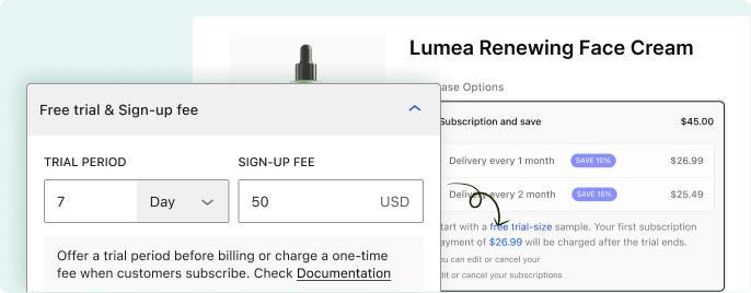 Configuration popup for setting up a 7-day trial period and a 50 USD sign-up fee overlaying a subscription checkout interface.