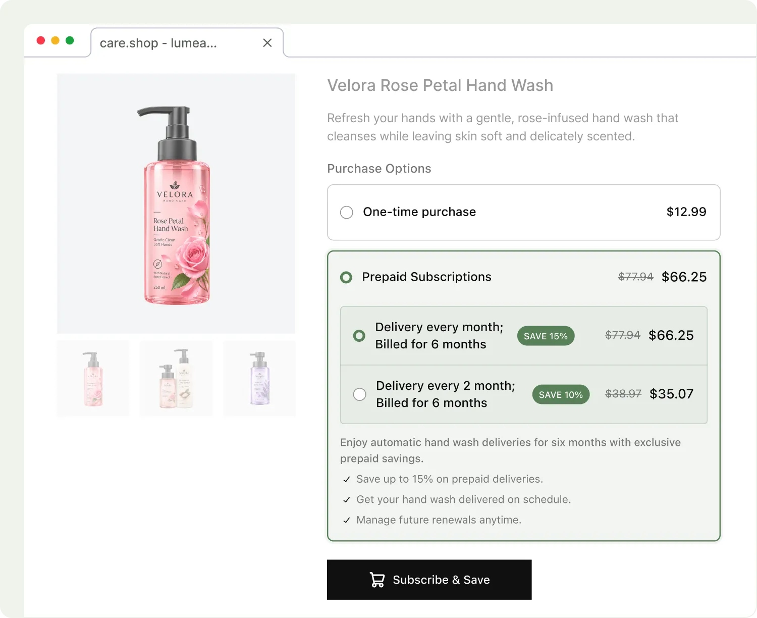 Product page for Velora Rose Petal Hand Wash featuring purchase options for a single purchase at $12.99 or 6-month prepaid subscriptions delivered monthly or every 2 months with up to 15% savings.
