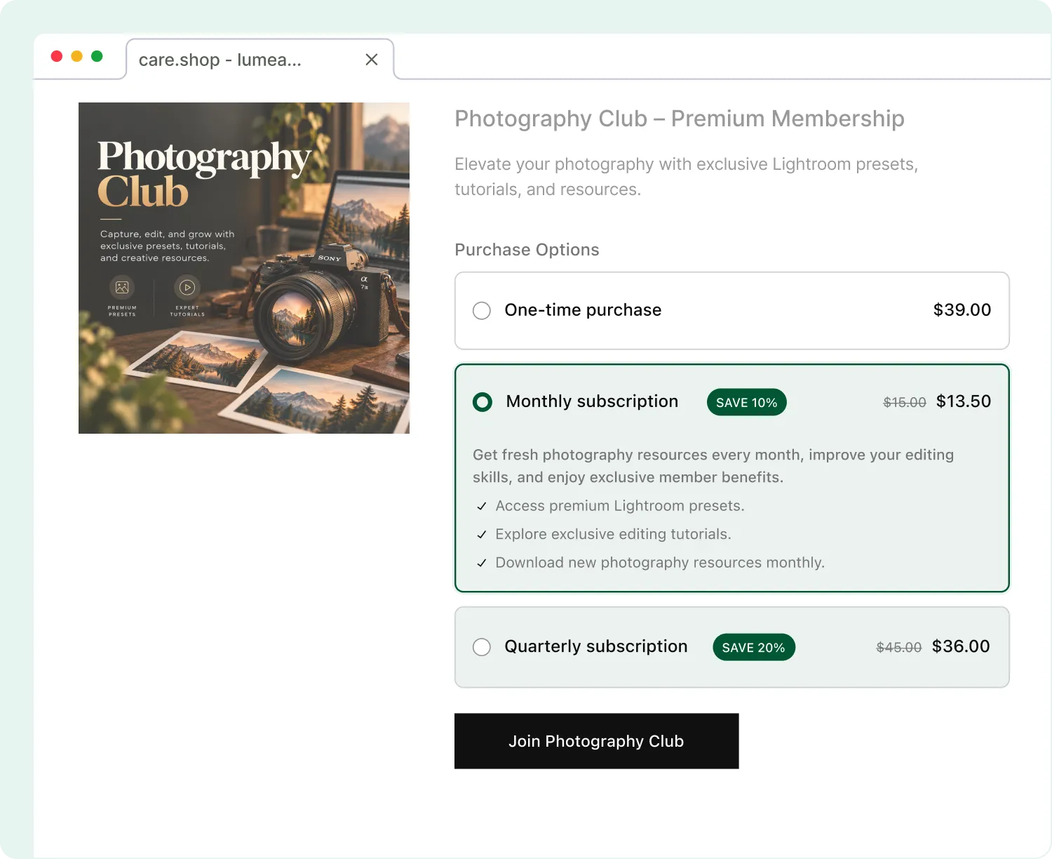 Product checkout page for Photography Club Premium Membership featuring options for a one-time purchase at $39.00, monthly subscription at $13.50, or quarterly subscription at $36.00.