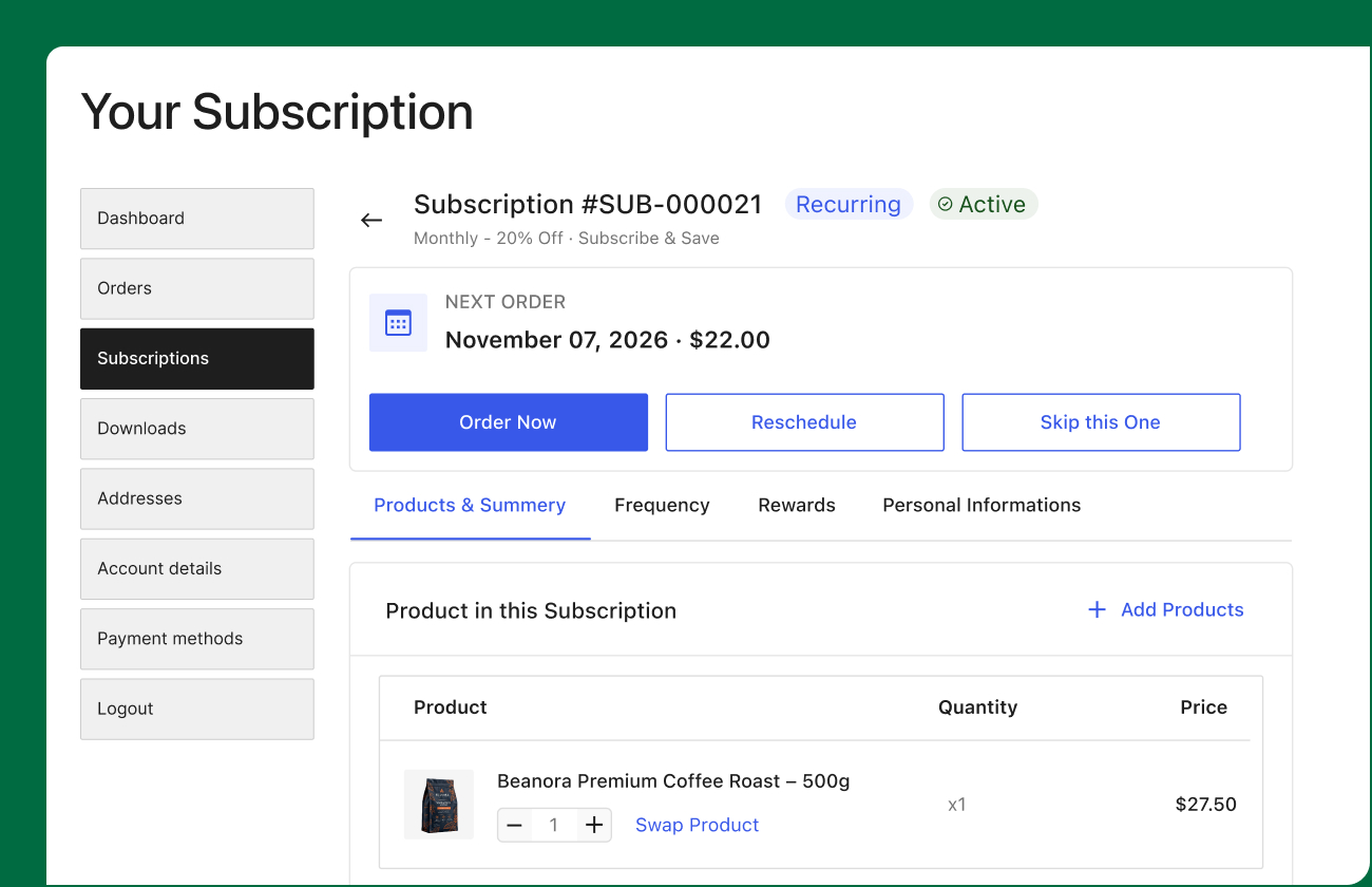 Customer account portal showing active subscription details, next order date, reschedule and skip options, and product management settings.