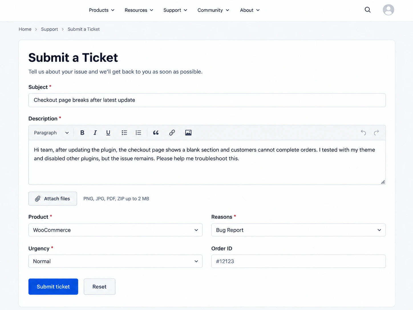 Image showing NiroHelp support ticket form