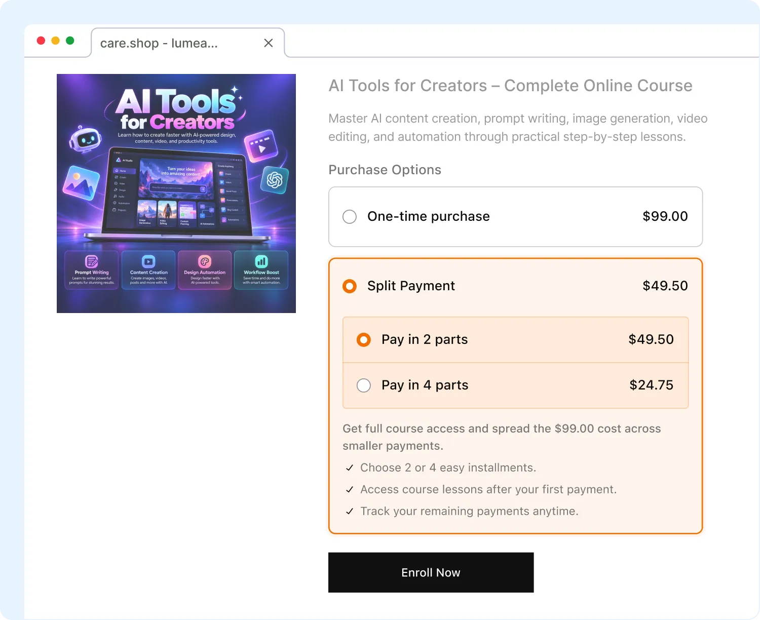 Online course enrollment page for AI Tools for Creators showing purchase options for a full one-time purchase at $99.00 or split payments in 2 or 4 parts starting at $24.75.