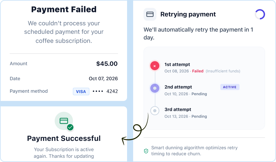 Visual timeline showing payment retry attempts and successful subscription reactivation using a smart dunning algorithm.