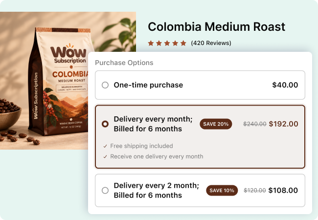 Purchase options widget for Colombia Medium Roast coffee offering monthly delivery billed for 6 months at 20% off and bi-monthly delivery billed for 6 months at 10% off.