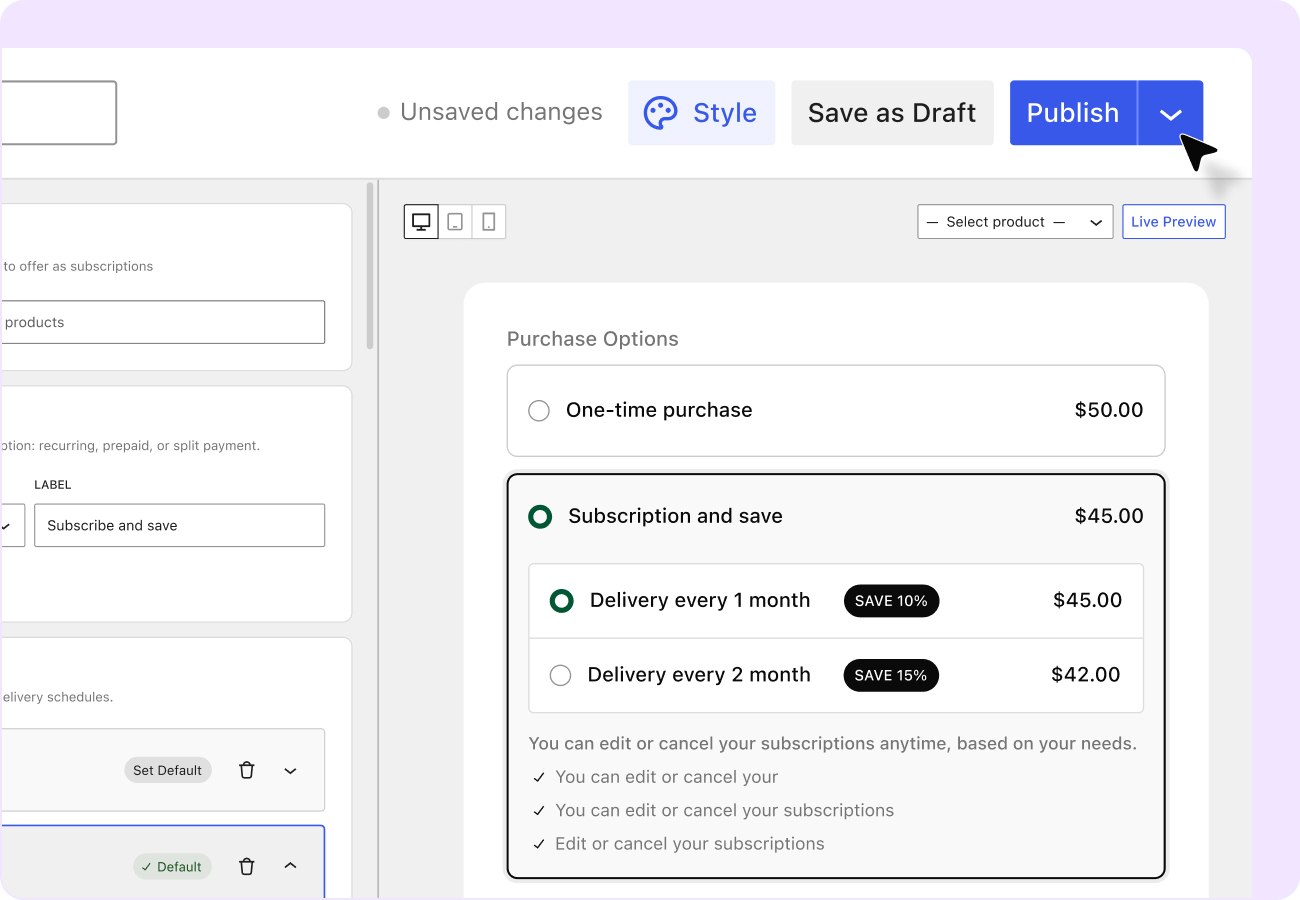 Live preview interface displaying customizable purchase options and discount tags before publishing to the WooCommerce store.