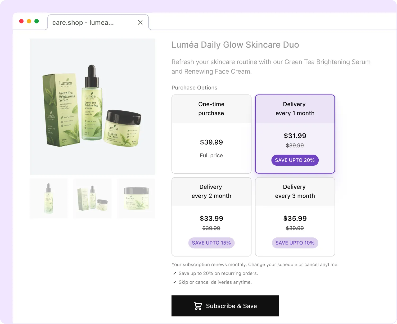 Product page for Luméa Daily Glow Skincare Duo displaying a one-time purchase grid alongside subscription delivery options for every 1, 2, or 3 months with up to 20% off.