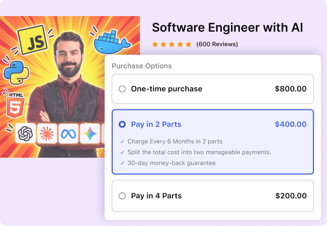 Purchase options widget for Software Engineer with AI online course offering a One-time purchase for $800, Pay in 2 Parts for $400.00 every 6 months, and Pay in 4 Parts for $200.