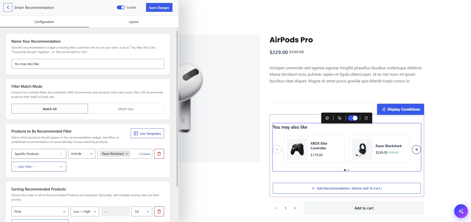 WowRecommend live builder showing the Products to Be Recommended filter beside a storefront preview of a You may also like section on an AirPods Pro product page