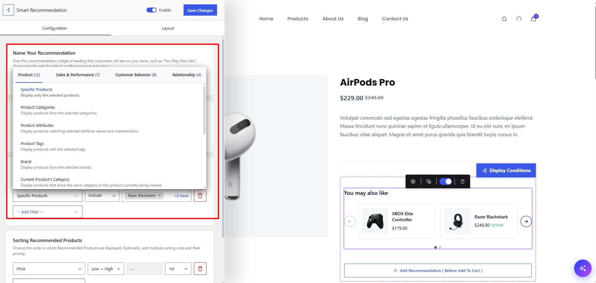 WowRecommend filter menu grouped into Product, Sales and Performance, Customer Behavior, and Relationship filters