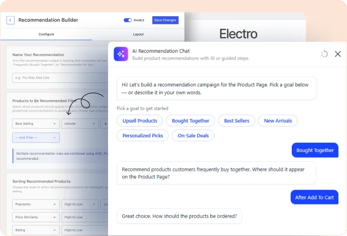 WowRecommend AI Recommendation Chat with the Bought Together goal selected and a question about where the section should appear