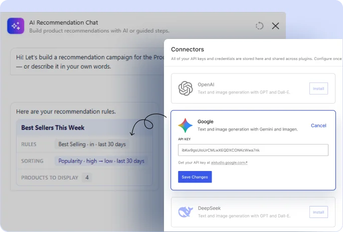 WowRecommend AI Recommendation Chat showing generated Best Sellers rules next to the Connectors panel for adding a Google API key