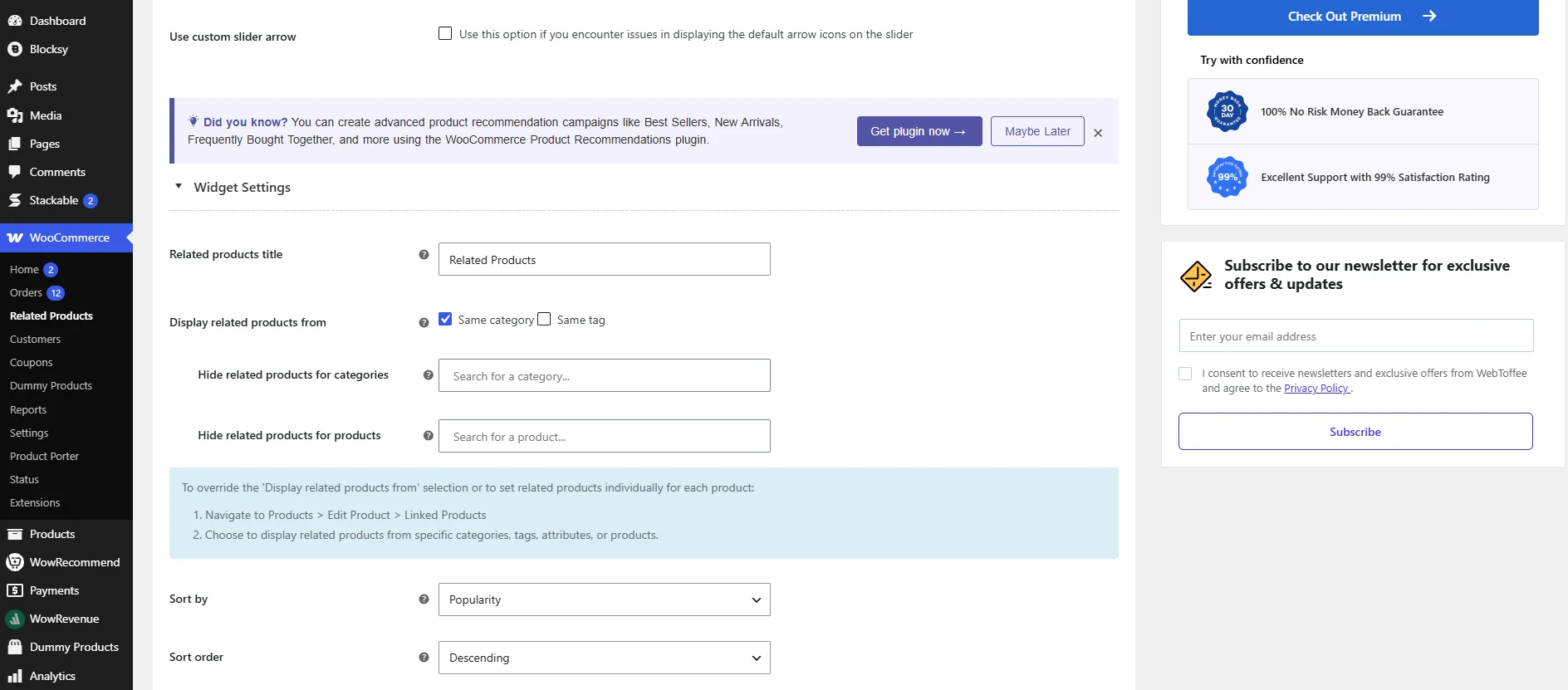 WebToffee related products settings in WooCommerce showing the display from same category or tag option, hide options, and sort by popularity