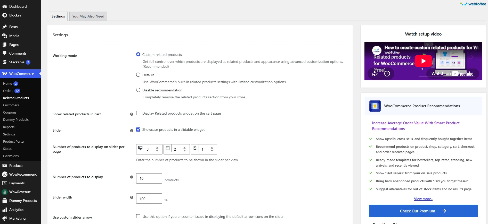 WebToffee settings page showing working mode options and slider settings for the number of products per view