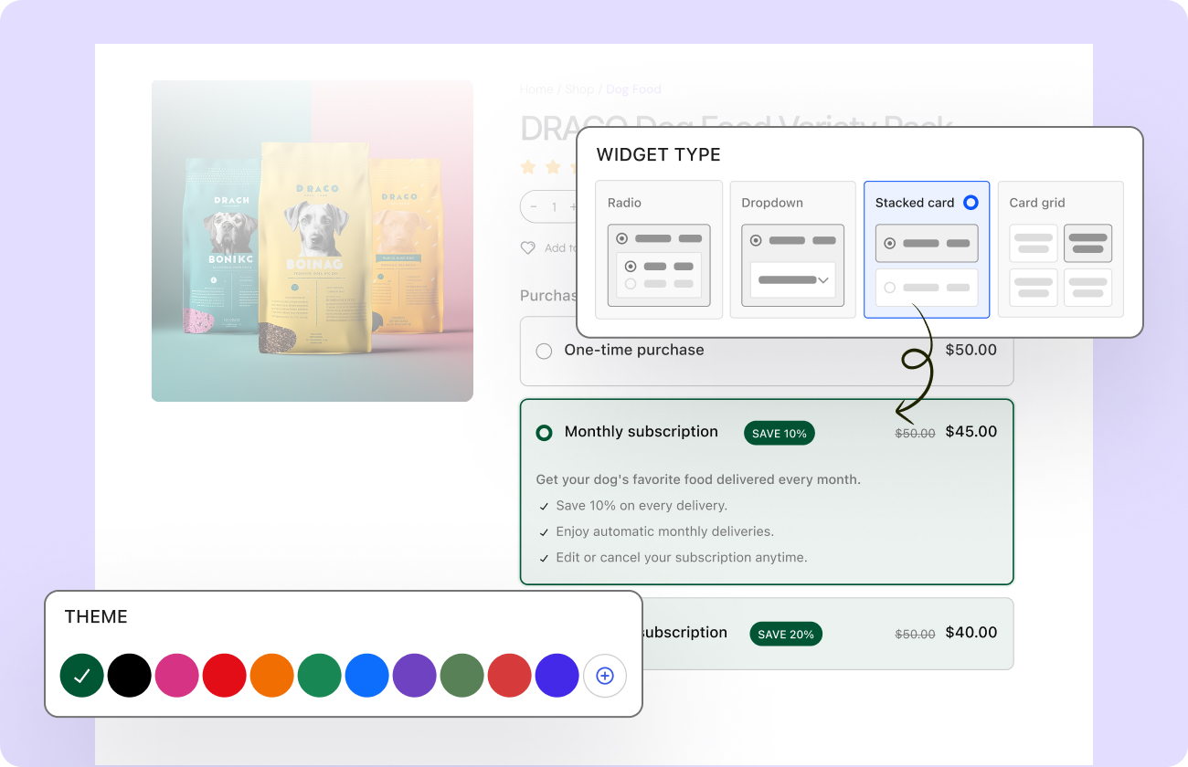 Subscription widget design customization tool on an e-commerce product page, displaying widget layout selection and color theme options.