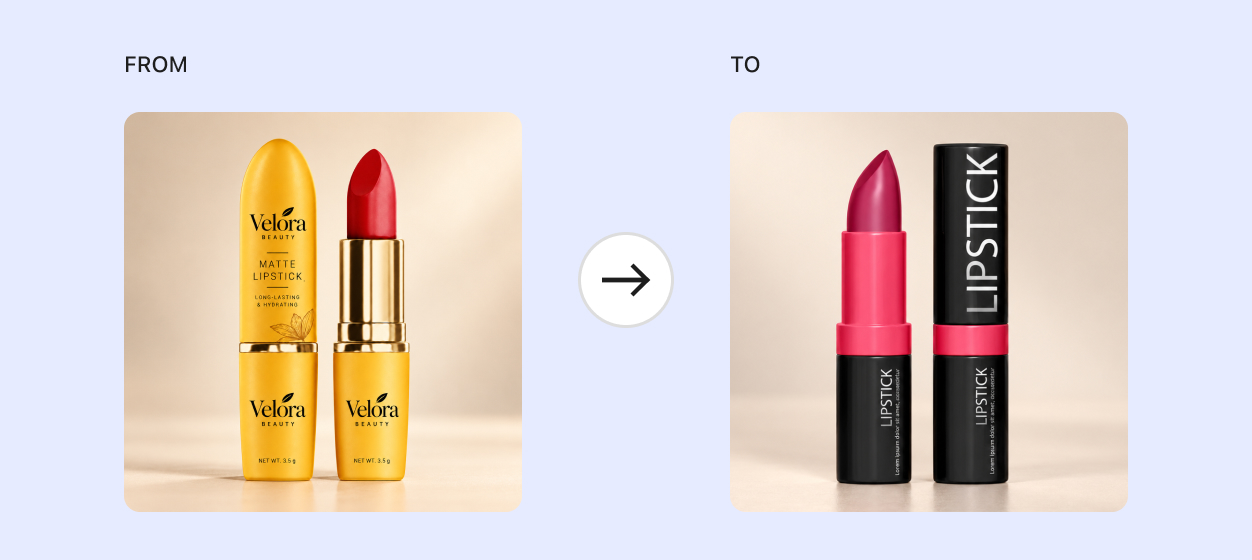 Visual comparison showing a subscriber swapping from a yellow lipstick product to a black lipstick product within their WooCommerce subscription.