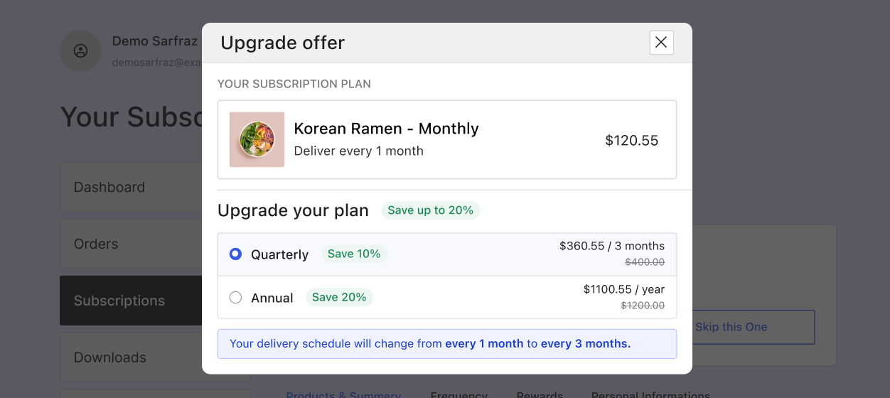 Subscriber portal popup displaying options to upgrade a monthly subscription plan to quarterly or annual billing with discount savings.
